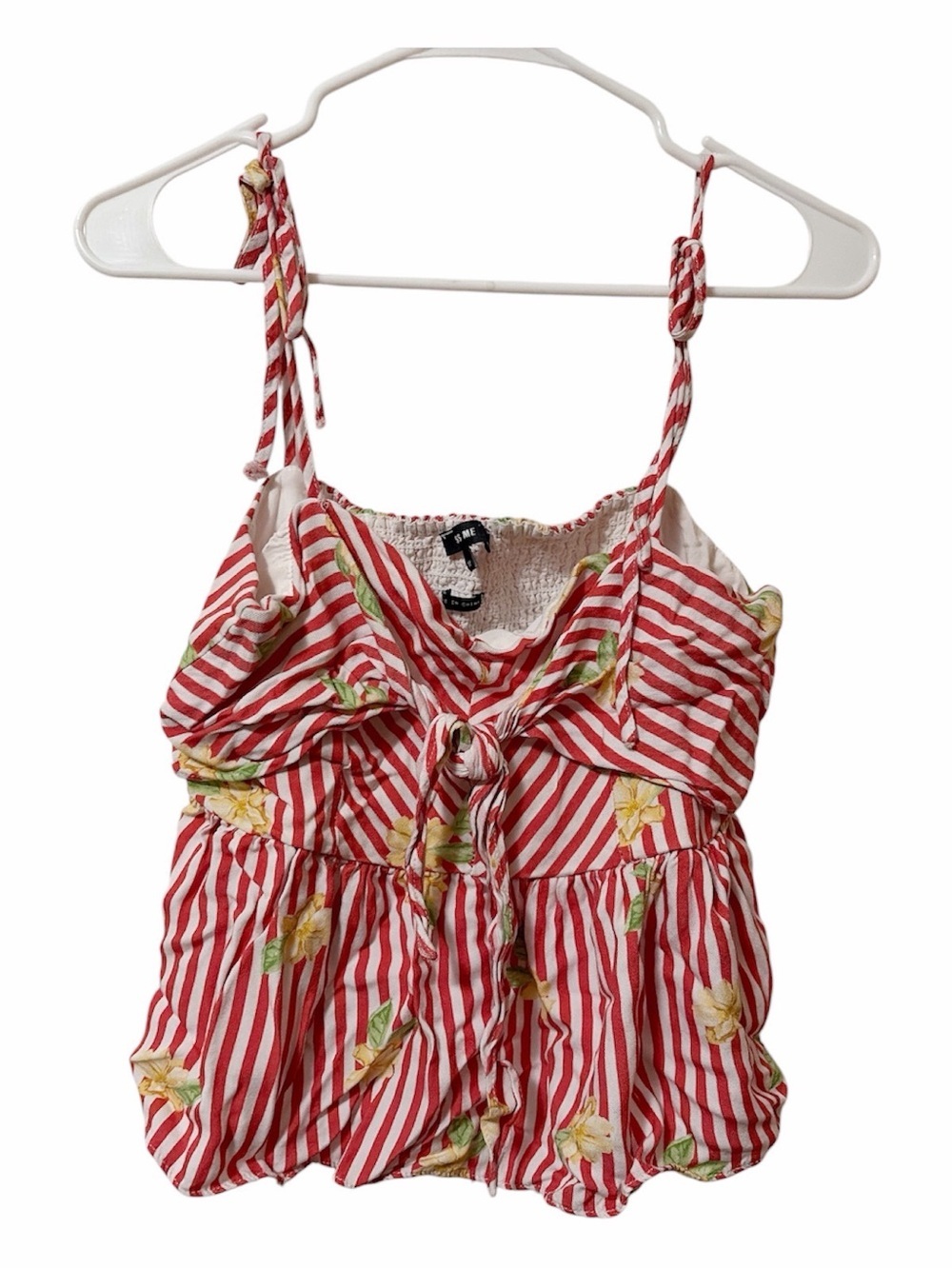 Miss Me Peach Red & White Striped Floral Tie-Front Tank